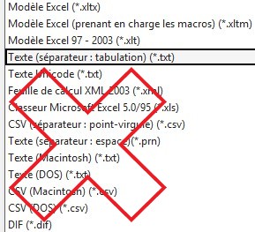 Image d'options de format de fichiers textes disponibles dans Excel et du format à utiliser